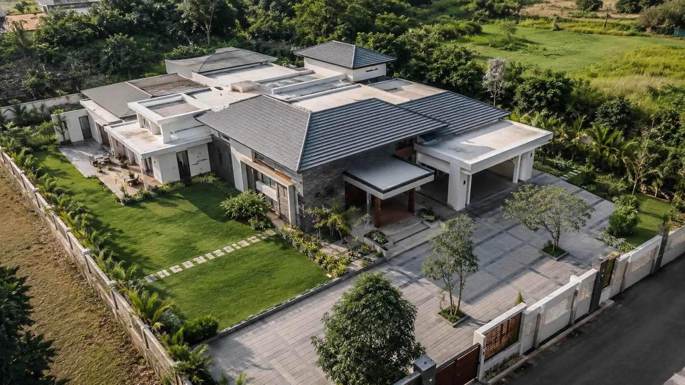 Roof terrace of an independent home seen from above