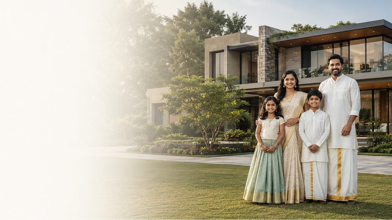 Independent home in Bengaluru with its owners in front of the completed elevation