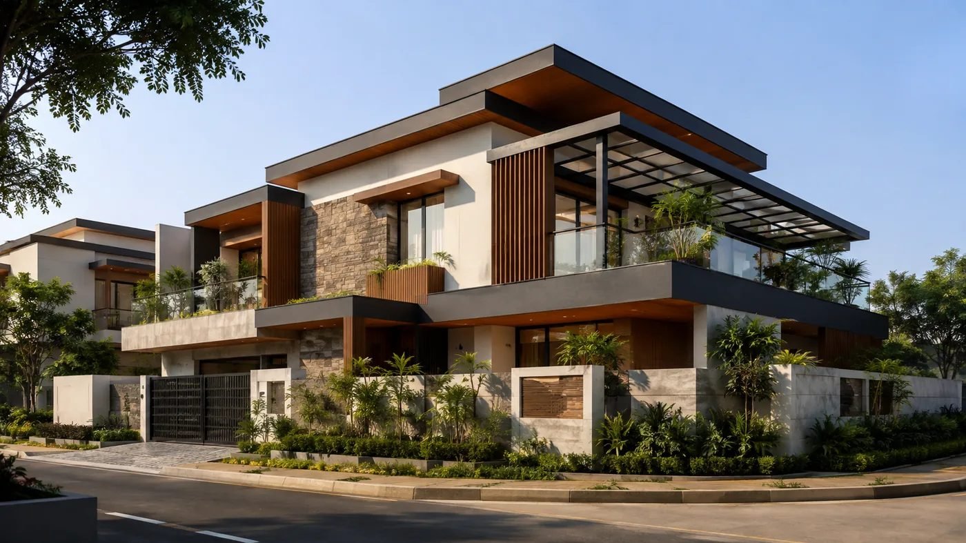 Corner elevation of an RCC-framed modern bungalow