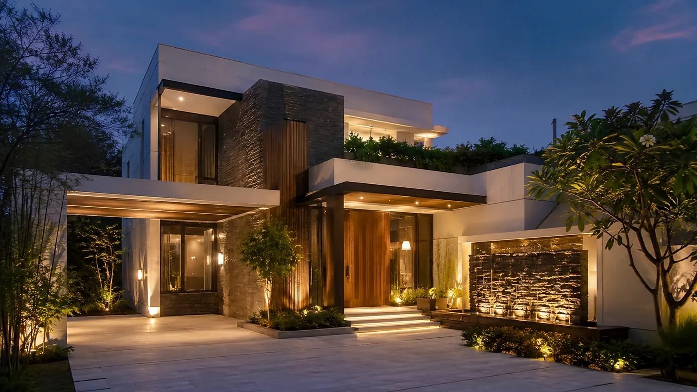 Completed modern bungalow photographed in the evening