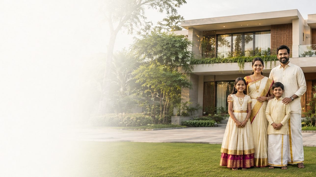 Independent home in Chennai with its owners in front of the completed elevation