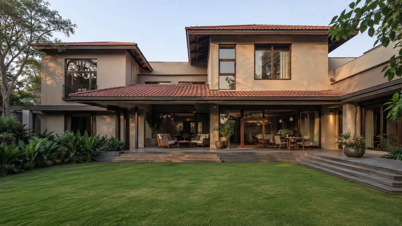 Garden-side elevation of a completed two-storey home
