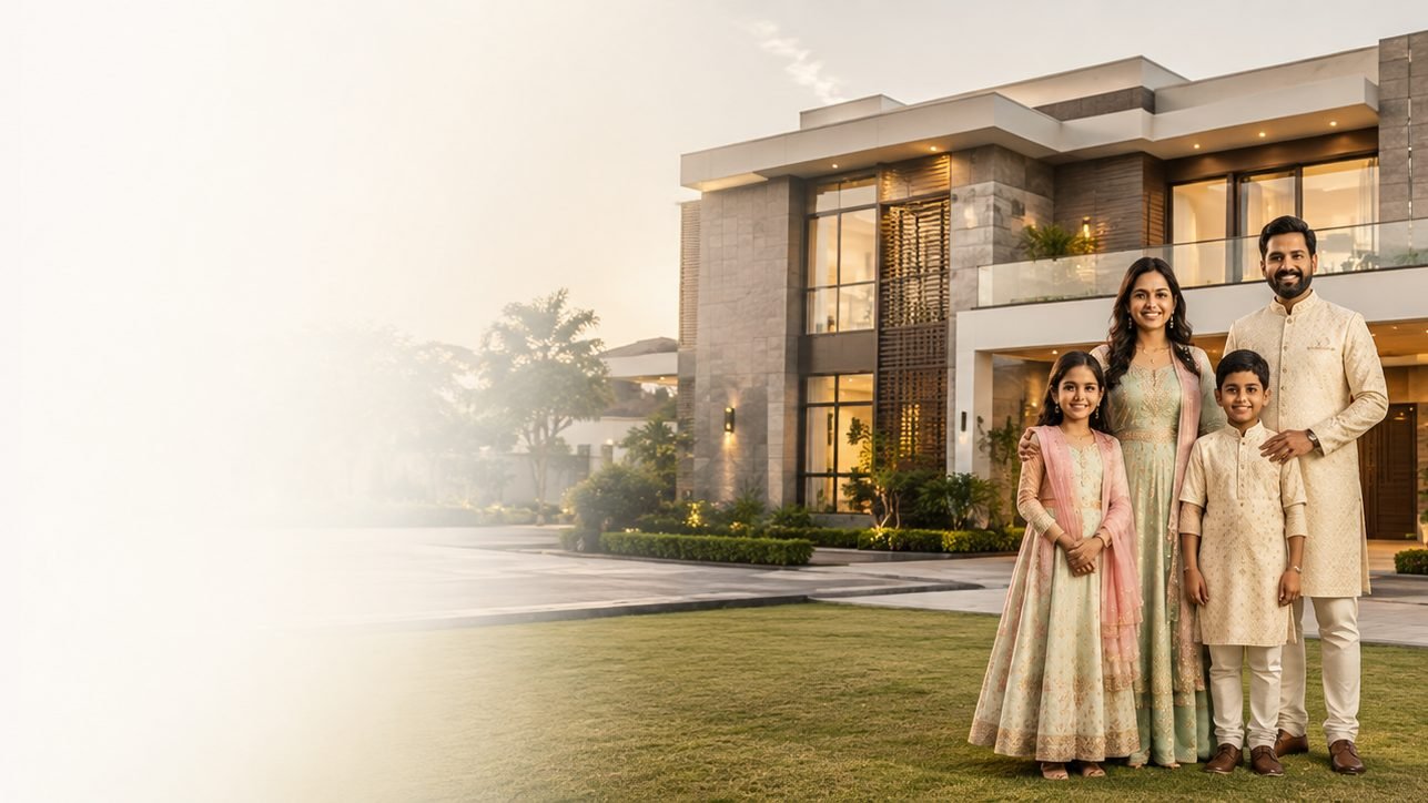 Independent home in Hyderabad with its owners in front of the completed elevation