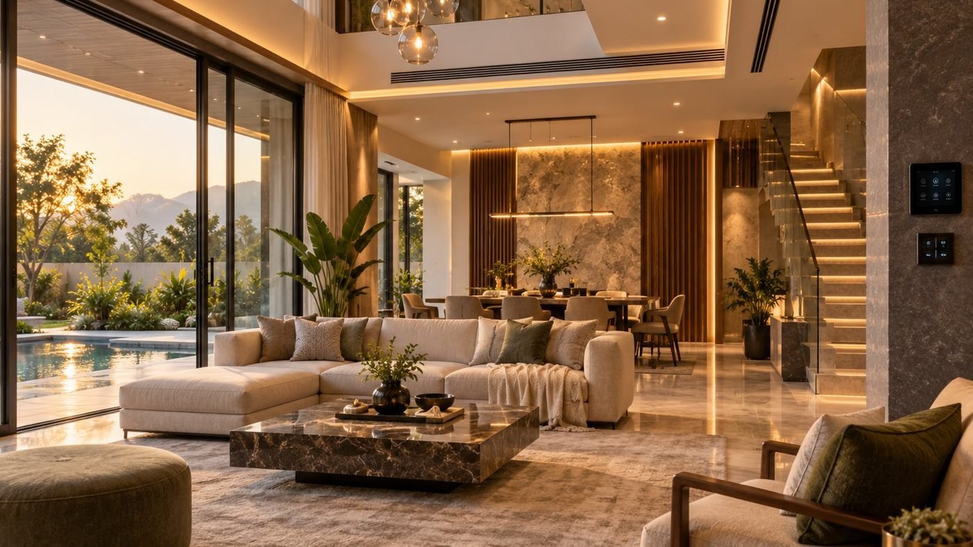 Living room with integrated lighting and smart-home controls