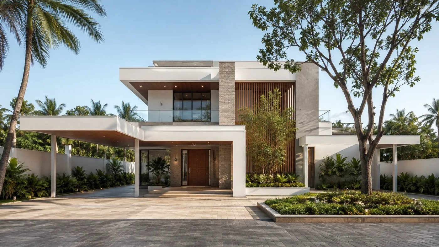 Front elevation of a modern Indian bungalow