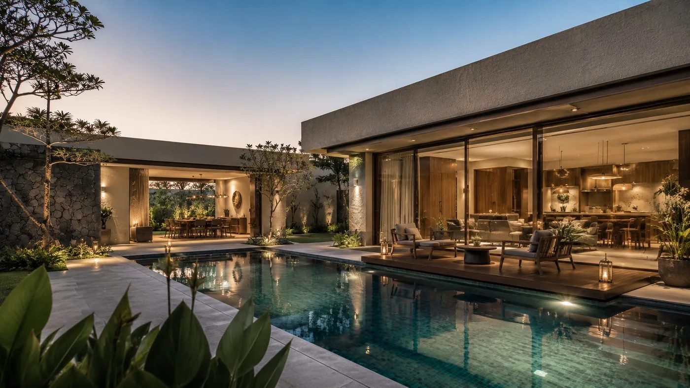 Premium villa with pool at dusk