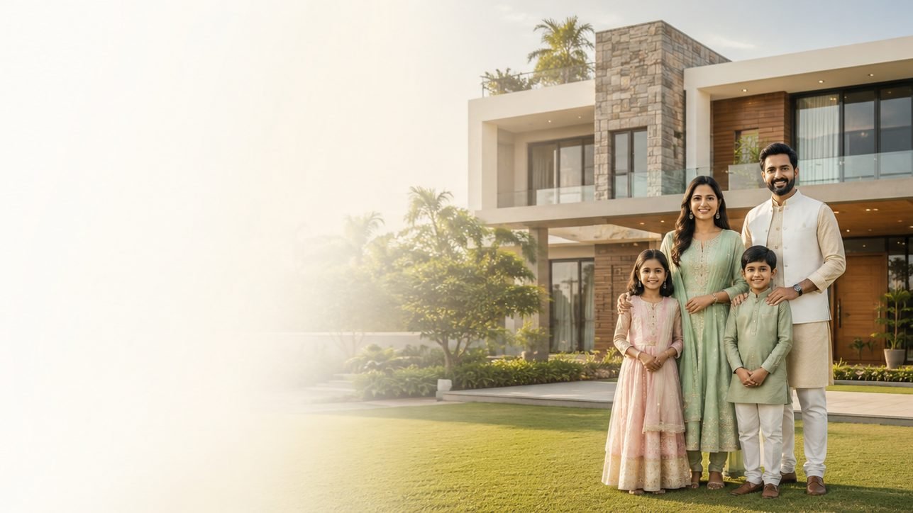 Independent home in Pune with its owners in front of the completed elevation