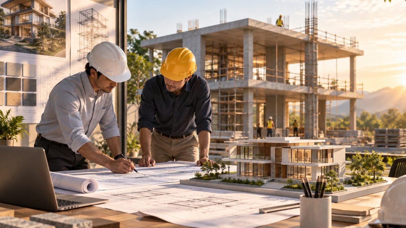 Engineer and client reviewing project documents at a site office
