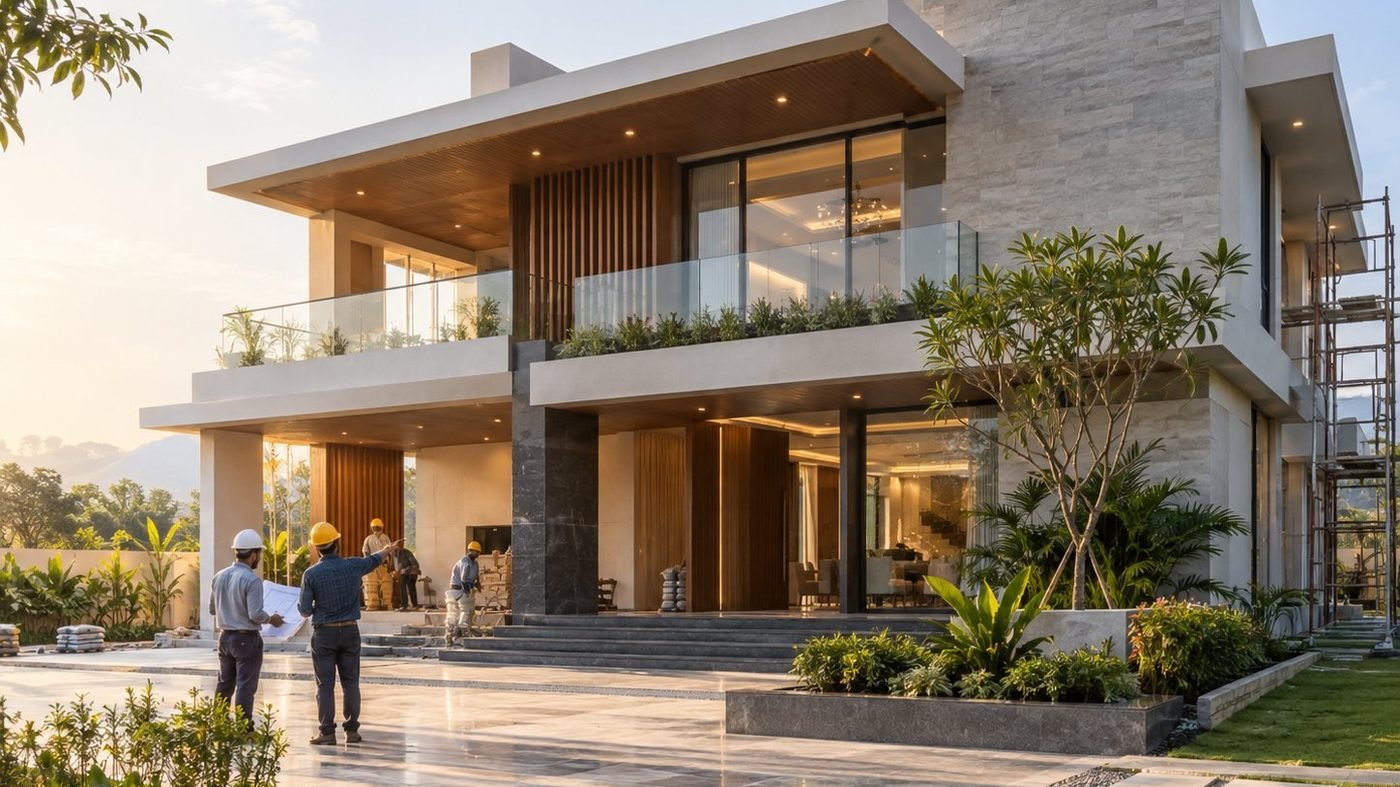 Villa under construction with a site team reviewing drawings
